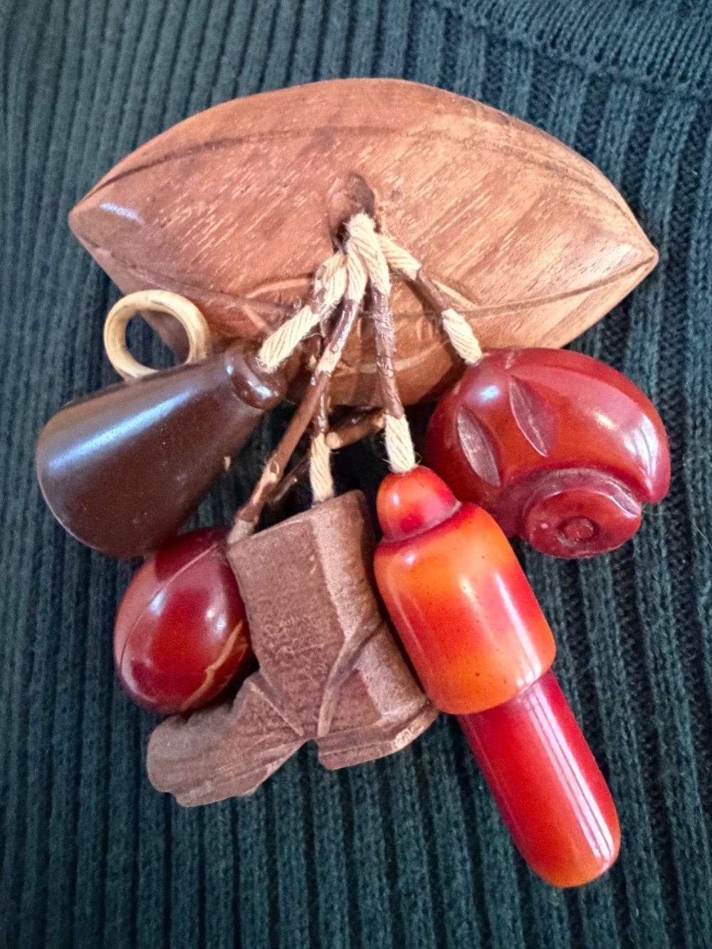 Rare Vintage 1940's Bakelite & Carved Wood Varsity Sports Figural Dangle Brooch
